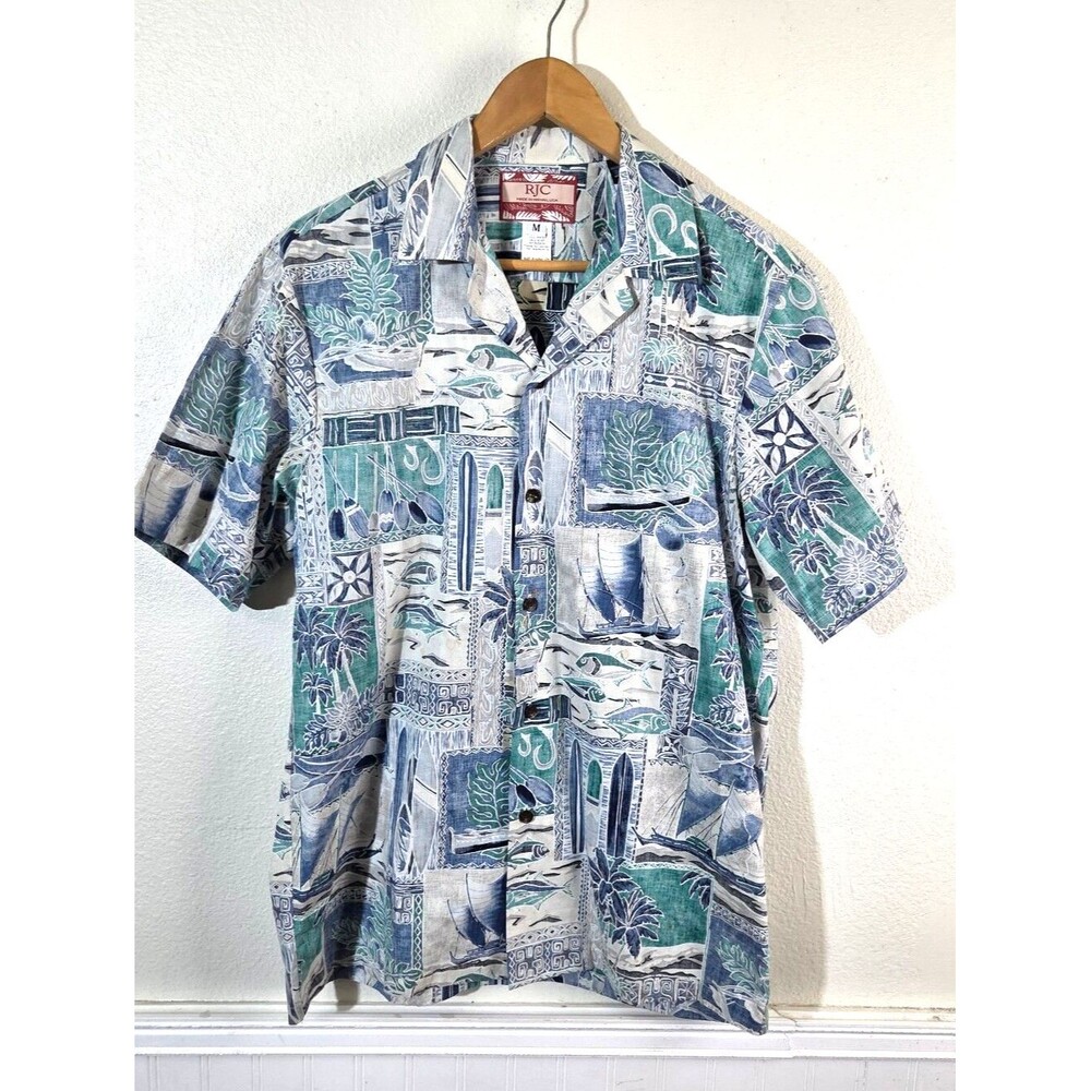 Vintage RJC Hawaiian Shirt Mens M Made In Hawaii Fishing Surf Tiki Aloha Camp